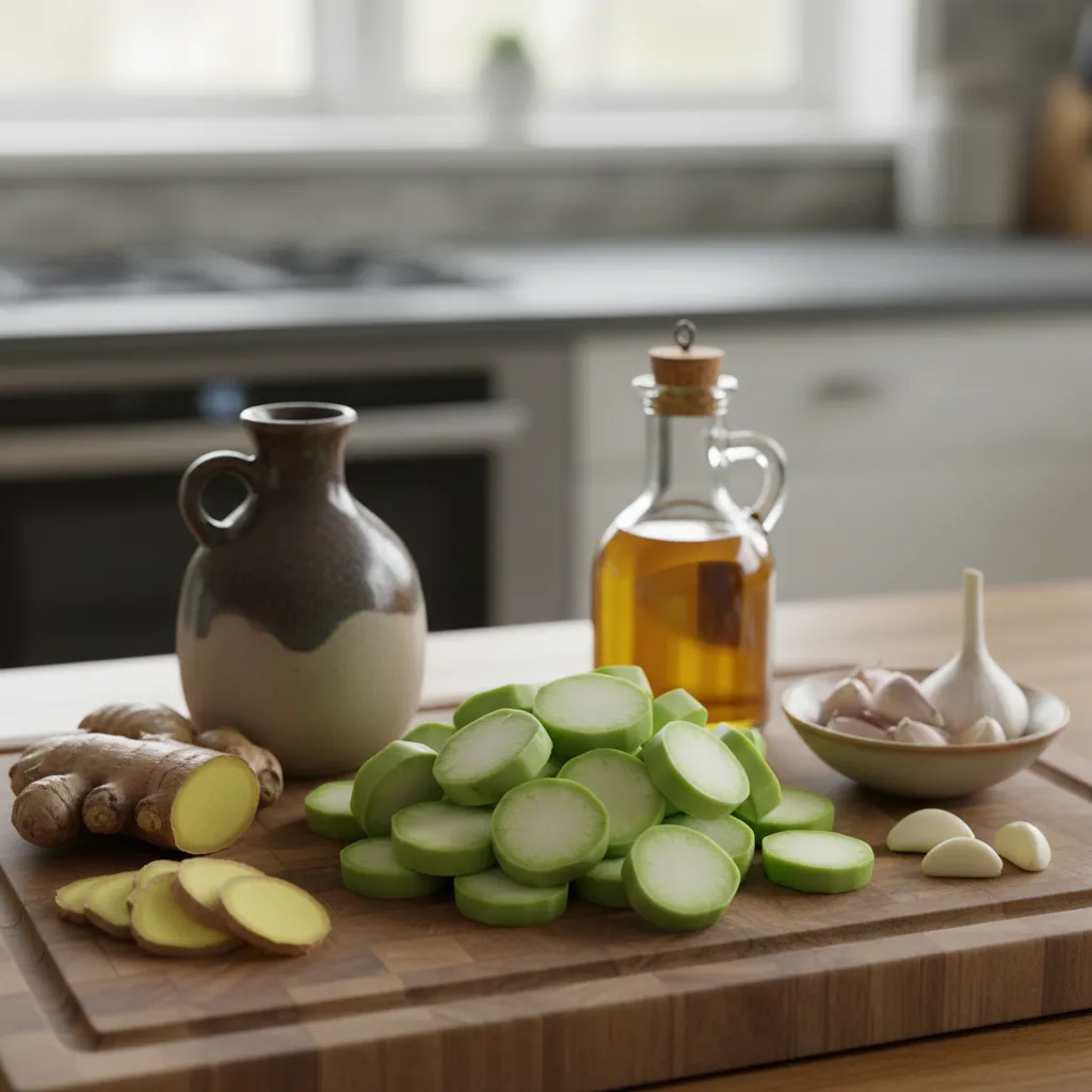 Mise en place of raw broccoli stems, garlic, ginger, and soy sauce