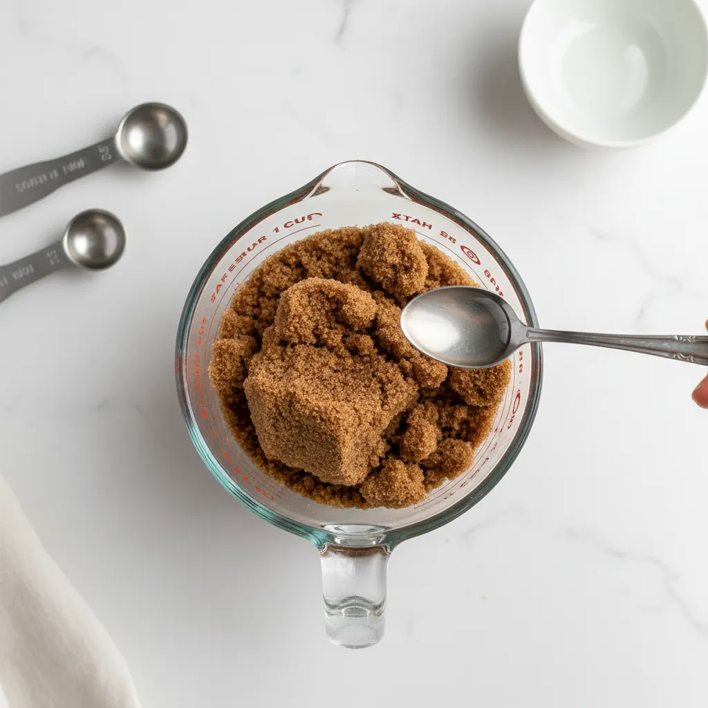 Hard brown sugar and a small amount of water laid out on a kitchen counter
