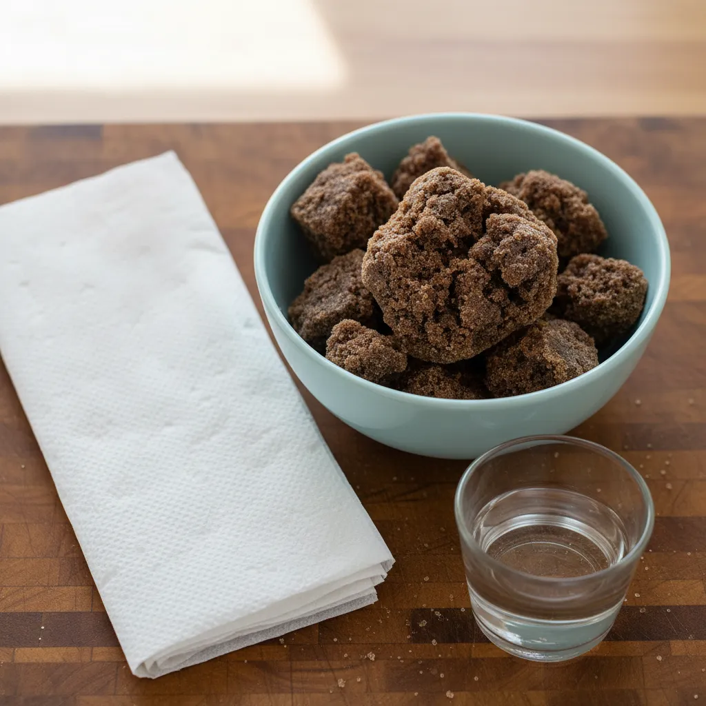 Hard brown sugar, a paper towel, and a glass of water on a kitchen counter