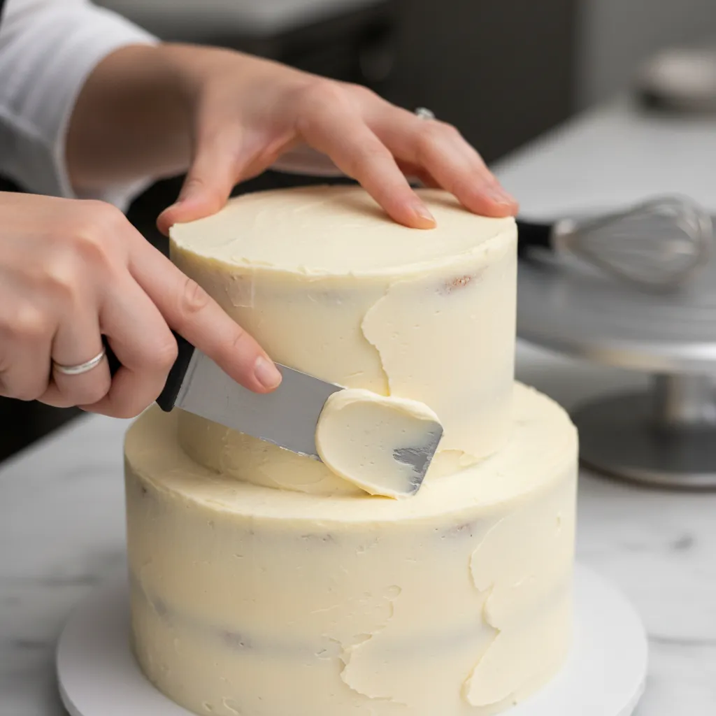 Baker using a bench scraper to create a semi-naked cake texture