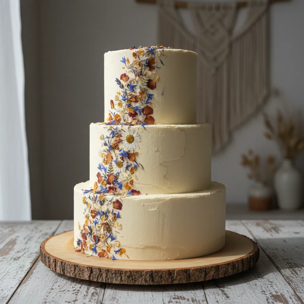 White cake decorated with a cascade of dried flower petals