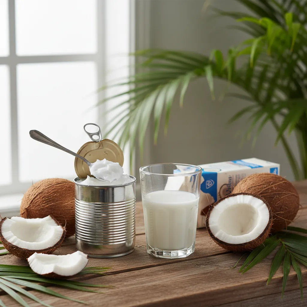 An open can of thick coconut milk next to a glass of carton coconut milk on a counter