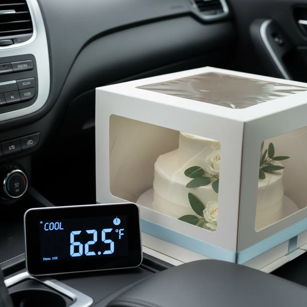 Digital thermometer showing cool car temperature for cake transit
