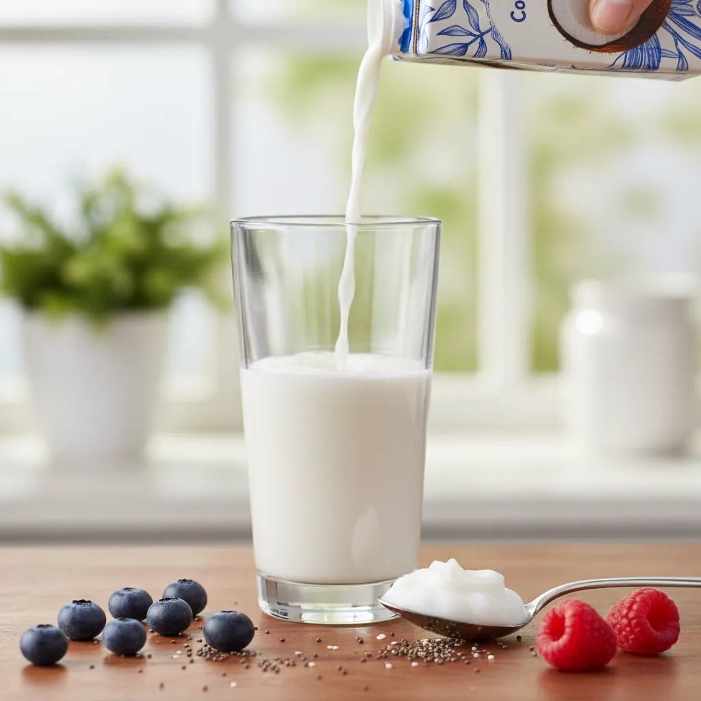 Pouring carton coconut milk next to thick canned coconut cream