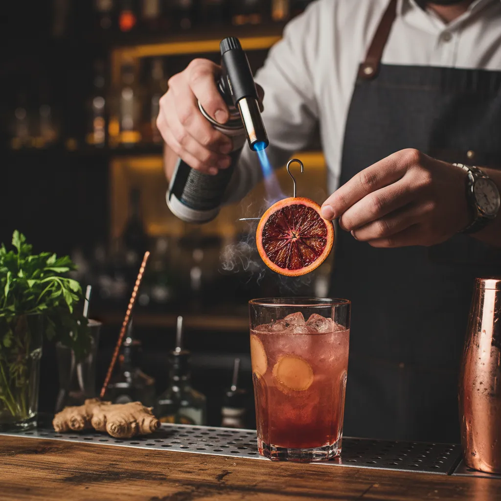 Chef using a torch to caramelize blood orange slices for a mocktail