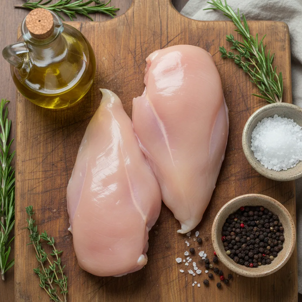 Raw chicken breasts, olive oil, and spices laid out for cooking