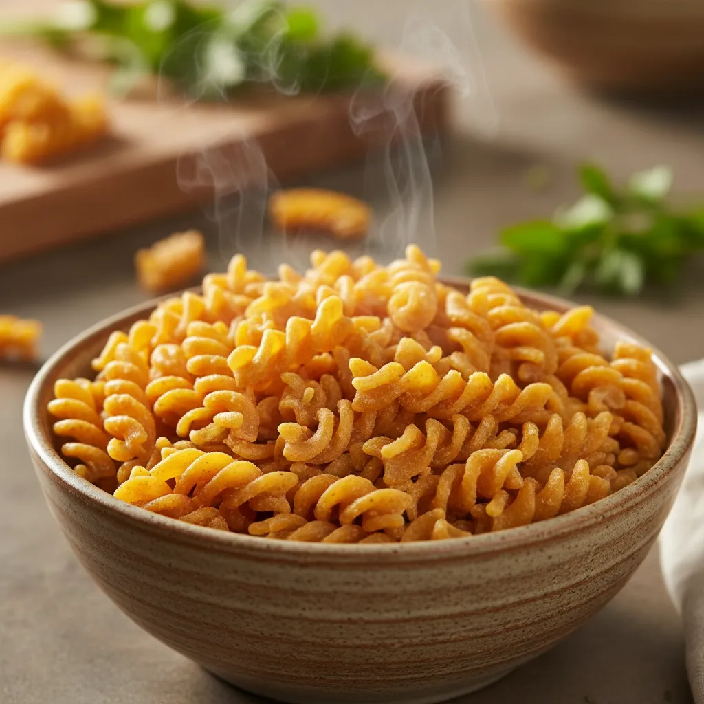 Cooked chickpea rotini pasta in a bowl ready for salad base