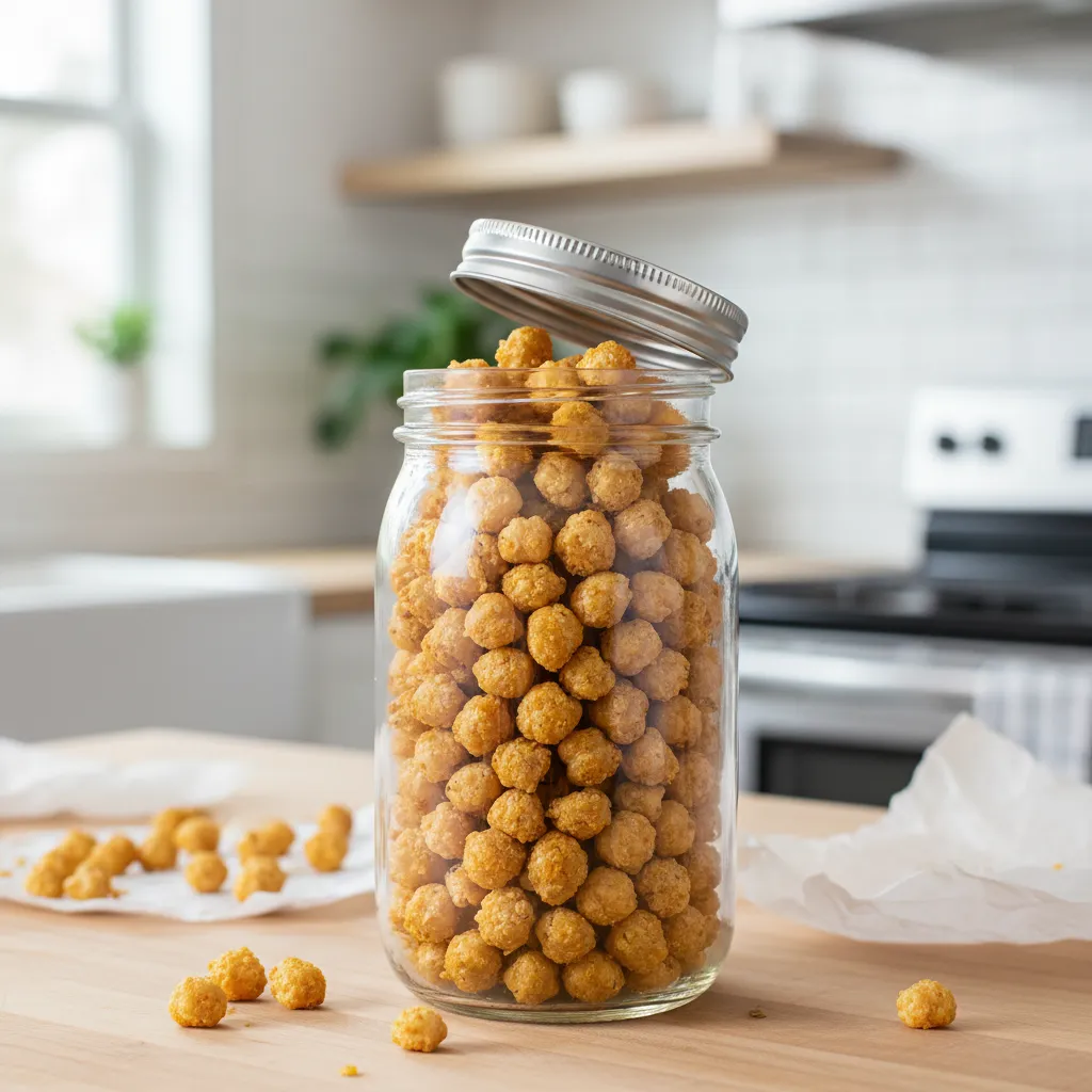 Roasted chickpeas in a glass jar with the lid slightly ajar for airflow