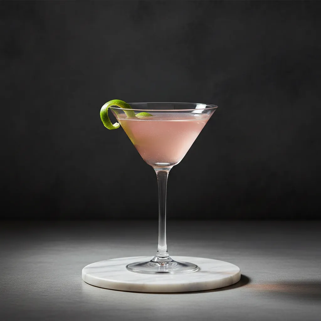 Classic V-shaped martini glass featuring a pink cosmos drink with a lime twist garnish