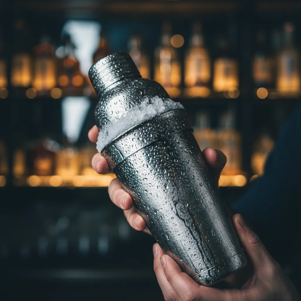 Frosted silver cocktail shaker with condensation droplets showing proper chilling technique