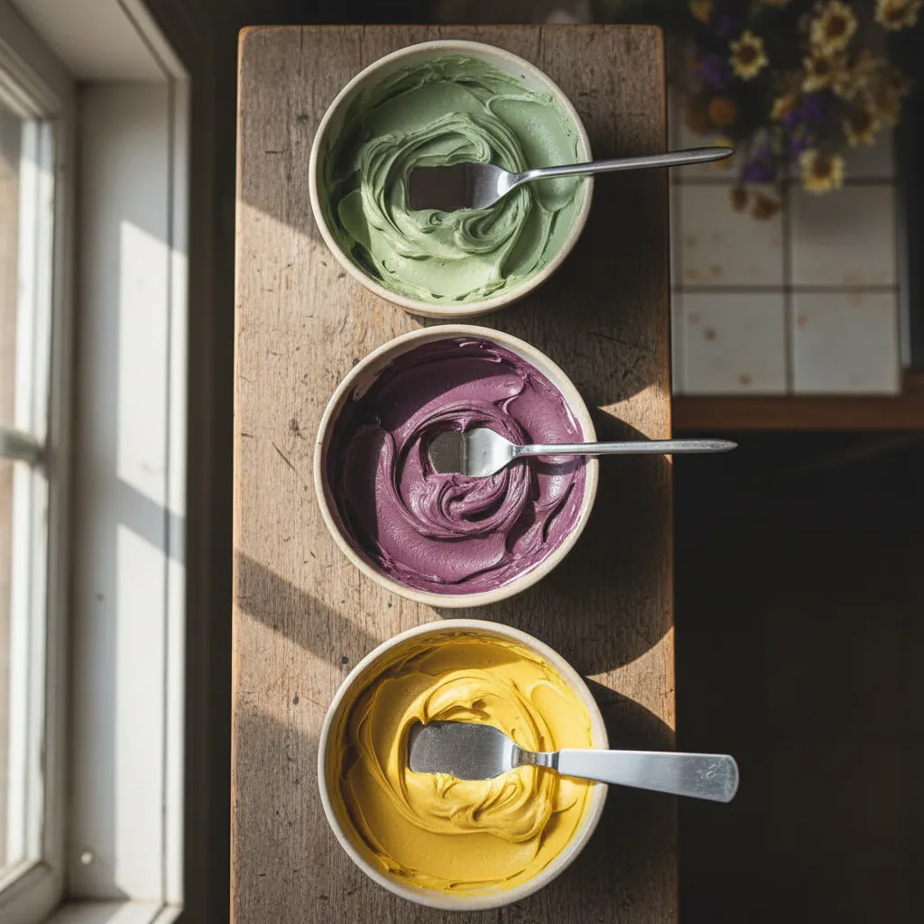 Bowls of stiff buttercream in wildflower colors ready for painting