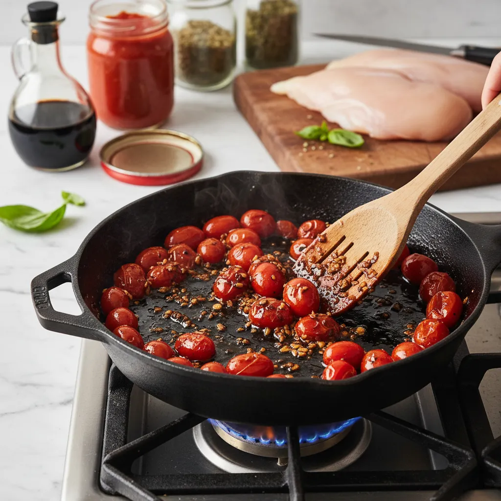 Stirring balsamic reduction and cherry tomatoes in a hot skillet