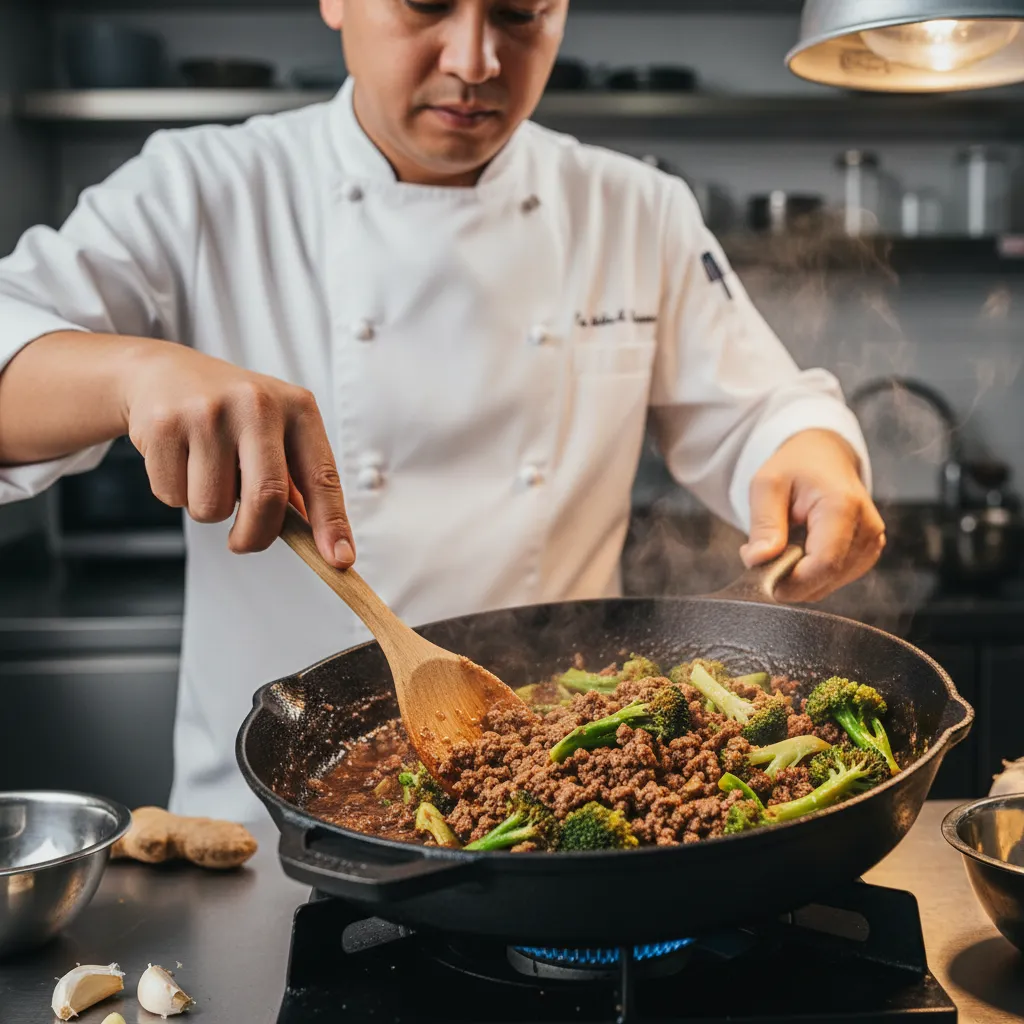 Stirring ground beef and fresh broccoli in a hot cast iron skillet
