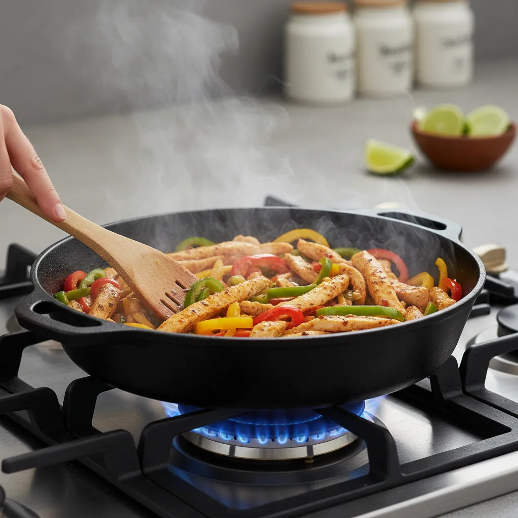 Sautéing fajita meat and vegetables in a pan