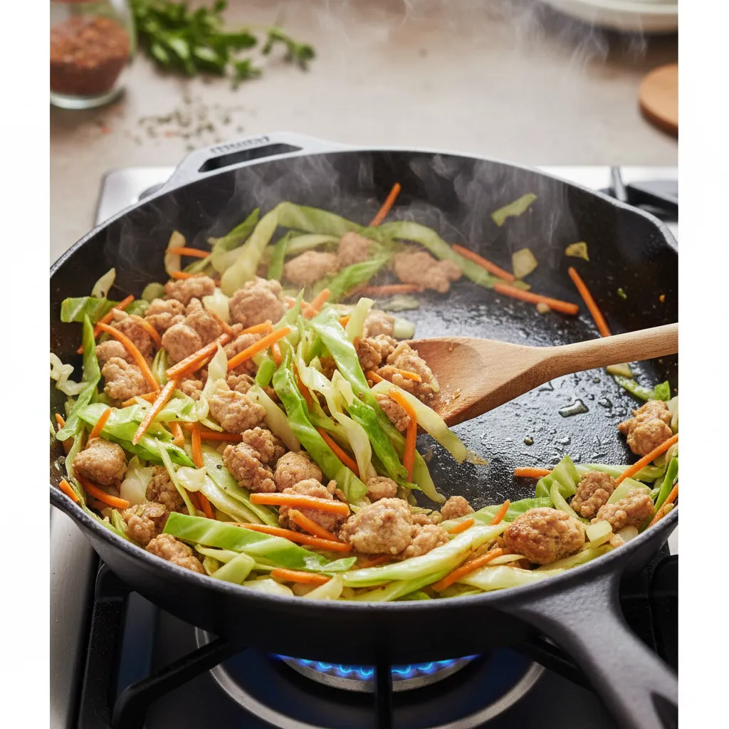 Sizzling ground chicken and cabbage in a skillet