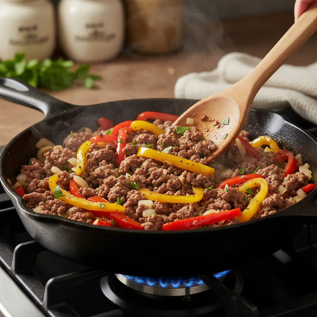 Sautéing ground beef and fresh vegetables in a hot pan