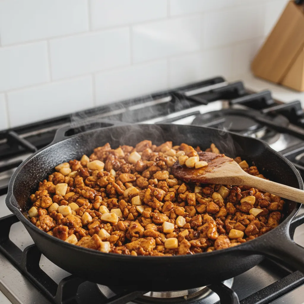 Sautéing ground chicken in a skillet with savory dark sauce and water chestnuts.