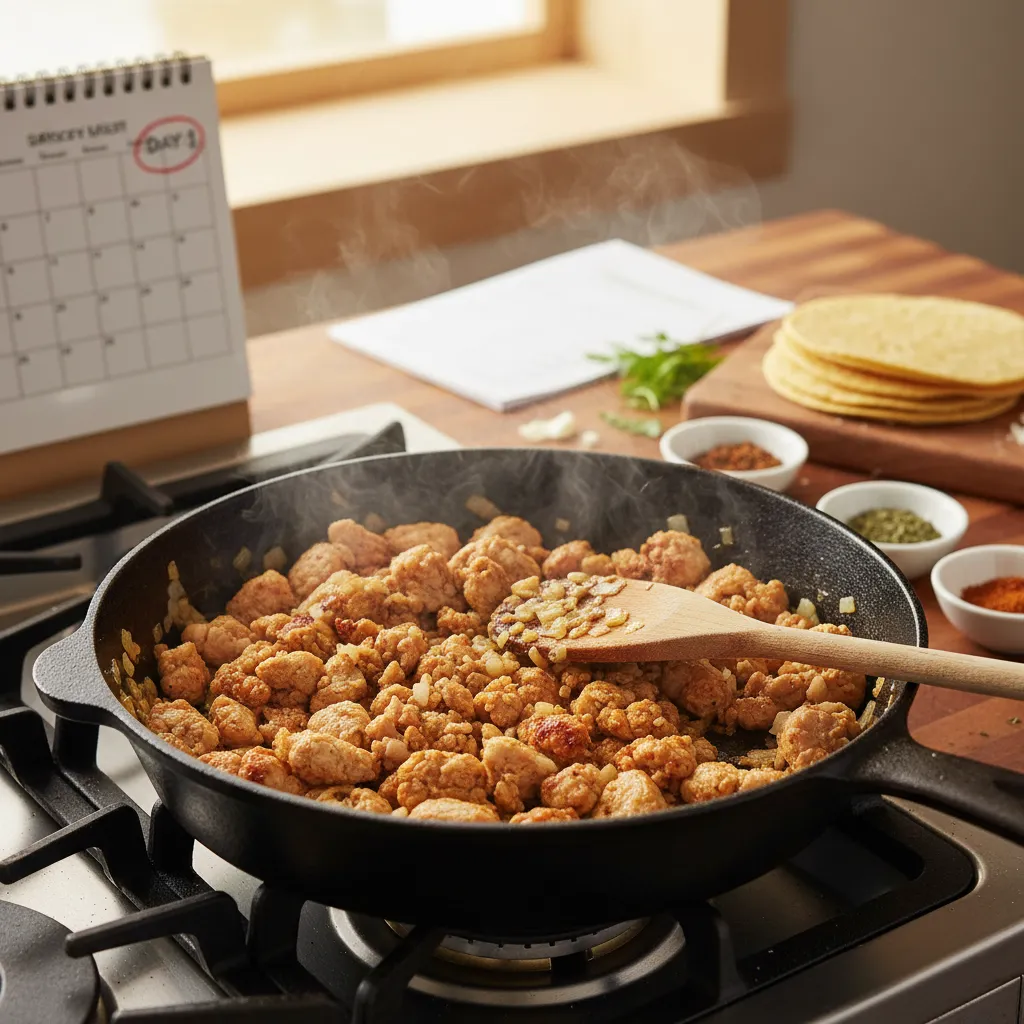 Ground chicken cooking in a hot cast iron skillet