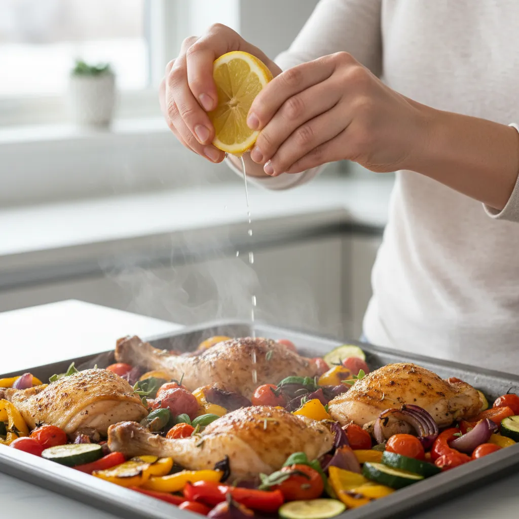 Squeezing lemon over roasted chicken and vegetables