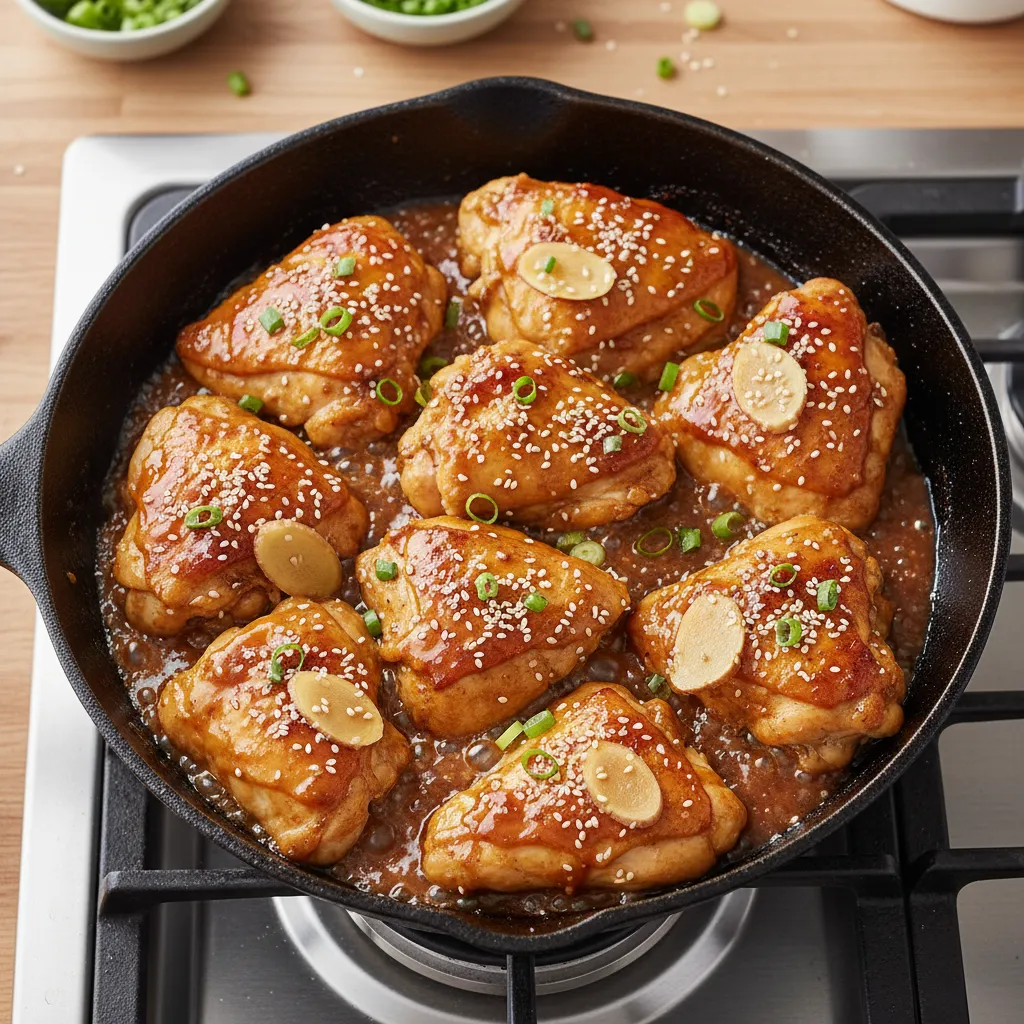 Golden brown chicken simmering in a rich ginger glaze in a skillet