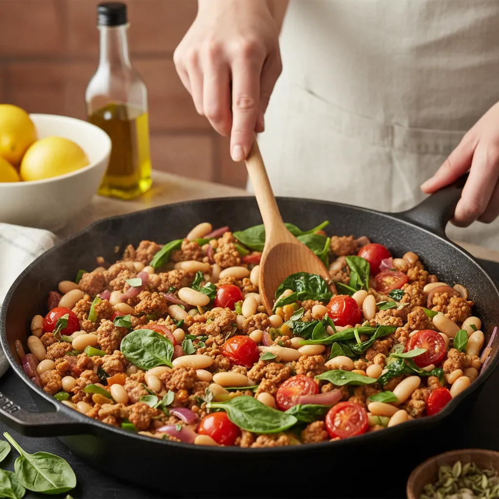 Chef stirring a one-pot Mediterranean turkey and bean dinner