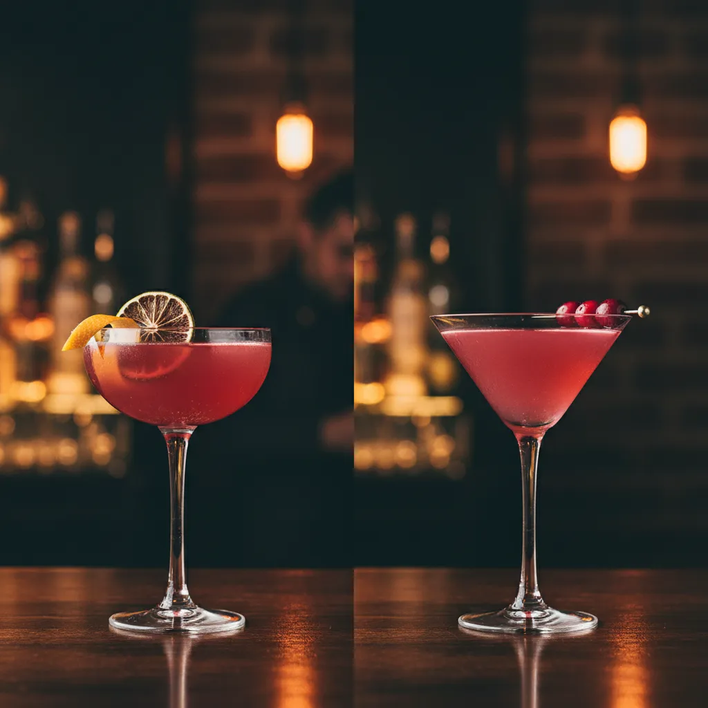 Comparison of a pink cosmopolitan mocktail in a rounded coupe glass versus a triangular martini glass