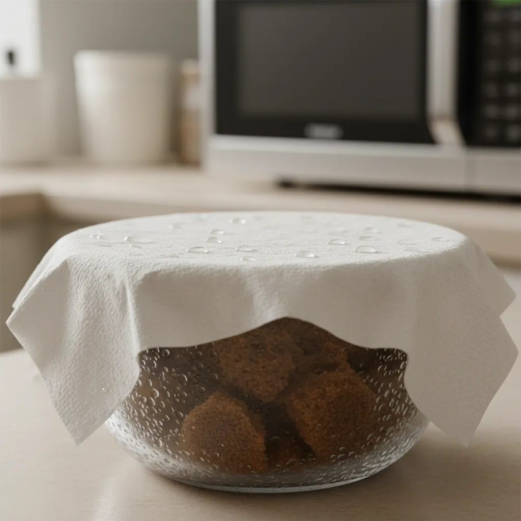 Damp paper towel covering a bowl of sugar ready for the microwave
