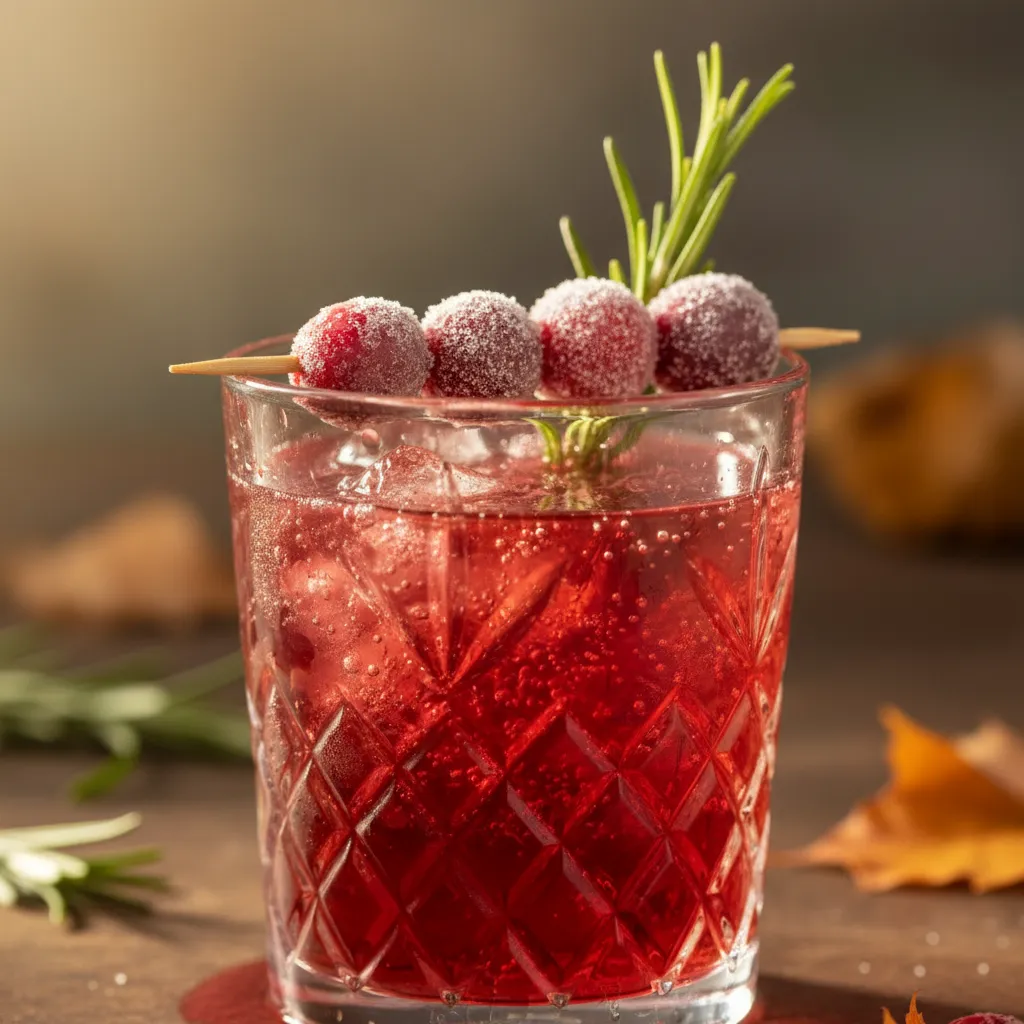 Cranberry rosemary shrub spritz in a crystal glass with fresh garnish