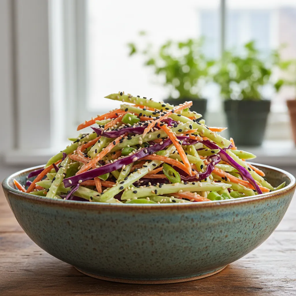 Freshly tossed broccoli stem slaw ready to eat