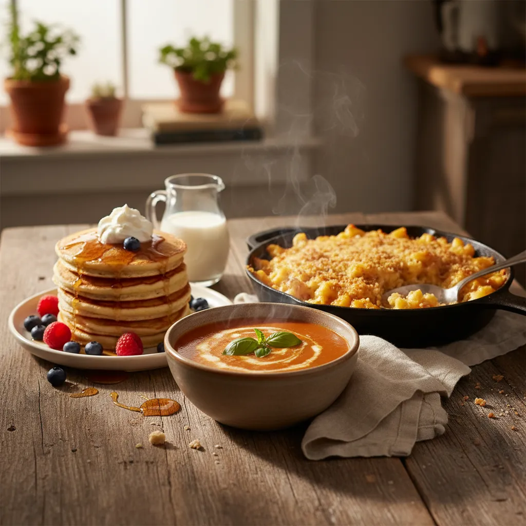 A rustic spread of macaroni and cheese, creamy soup, and pancakes