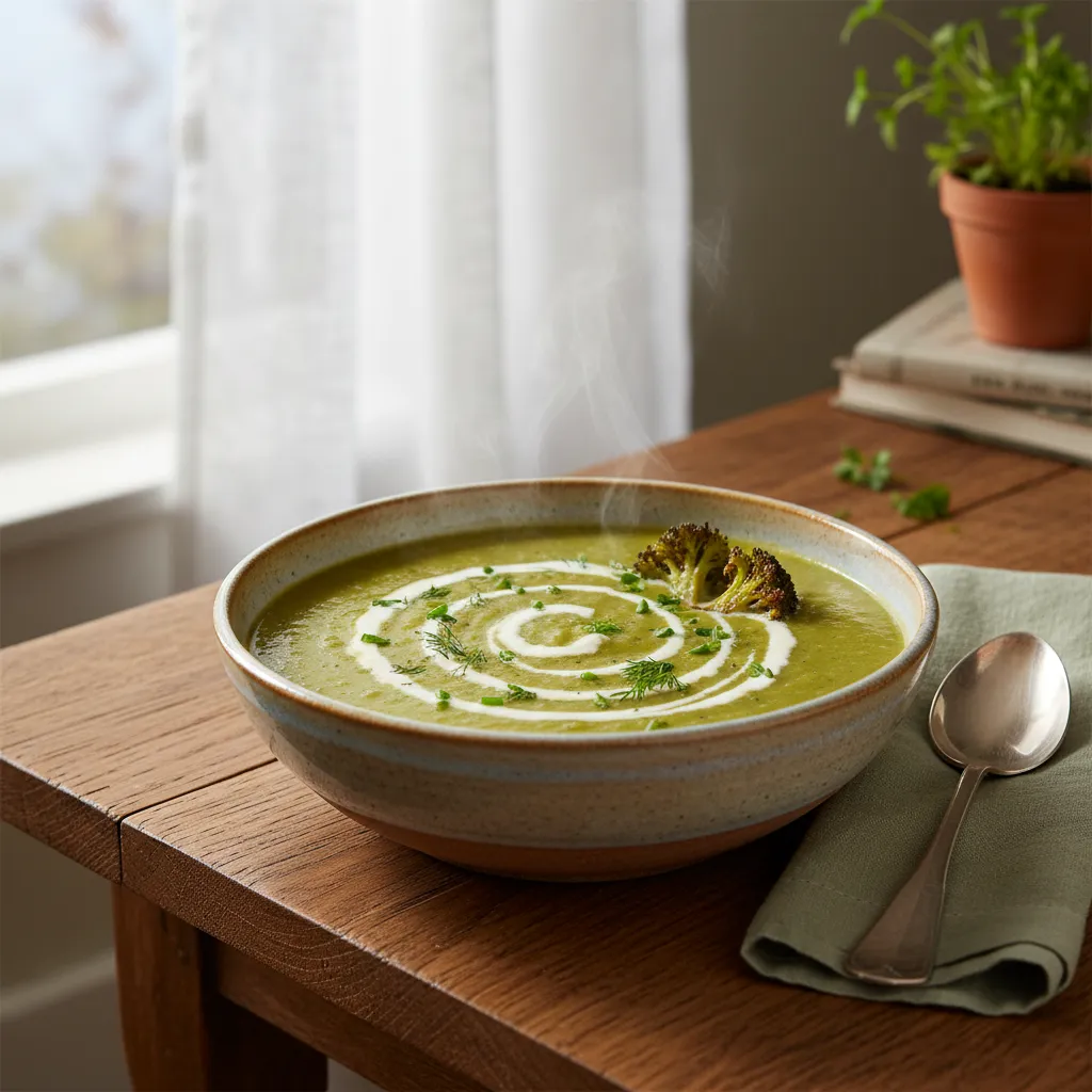 A warm bowl of creamy roasted broccoli stem soup garnished with fresh herbs
