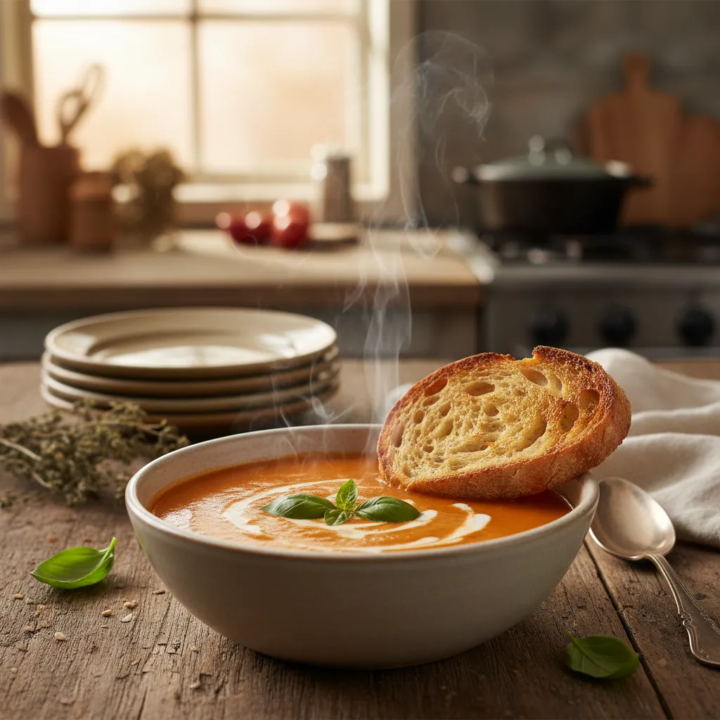 A warm bowl of creamy tomato soup with fresh basil
