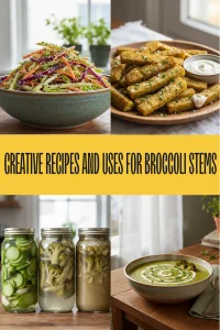 Close-up of julienned broccoli stems and carrots on a wooden cutting board for zero-waste cooking.