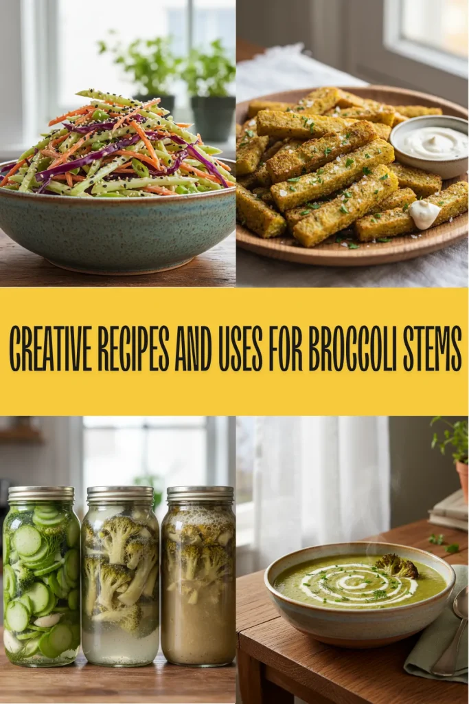 Close-up of julienned broccoli stems and carrots on a wooden cutting board for zero-waste cooking.