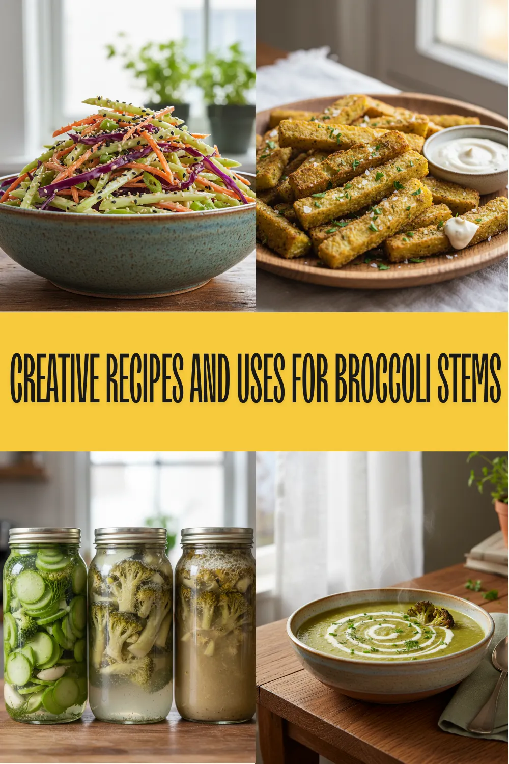 Close-up of julienned broccoli stems and carrots on a wooden cutting board for zero-waste cooking.