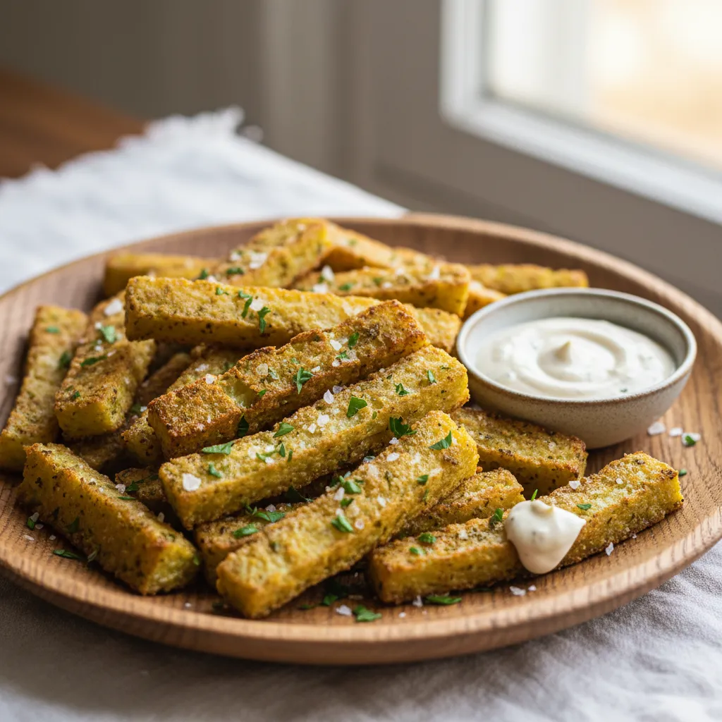 Golden brown crispy broccoli stem fries served on a wooden plate with dipping sauce
