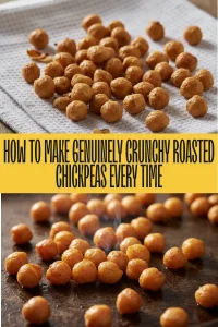 Golden brown and genuinely crunchy roasted chickpeas on a baking sheet.