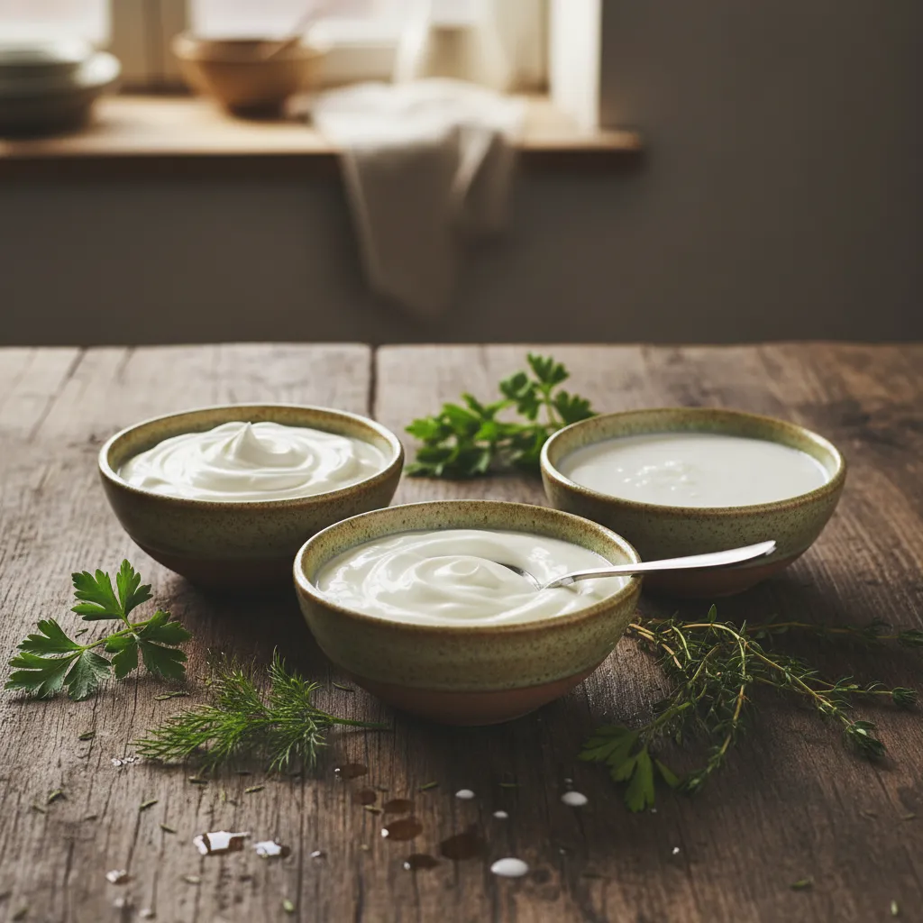 Bowls of cream, yogurt, and coconut milk on a wooden table