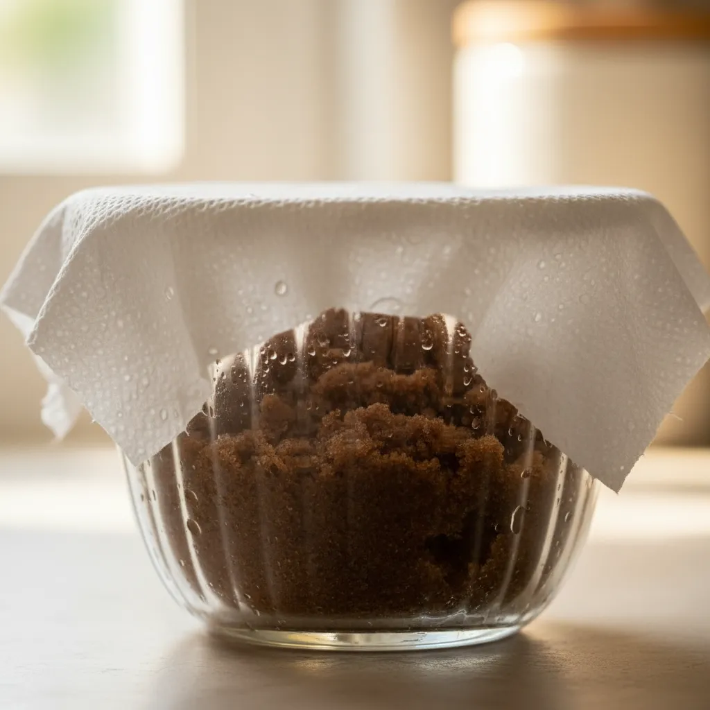 Glass bowl of hard brown sugar covered with a moist paper towel ready for the microwave