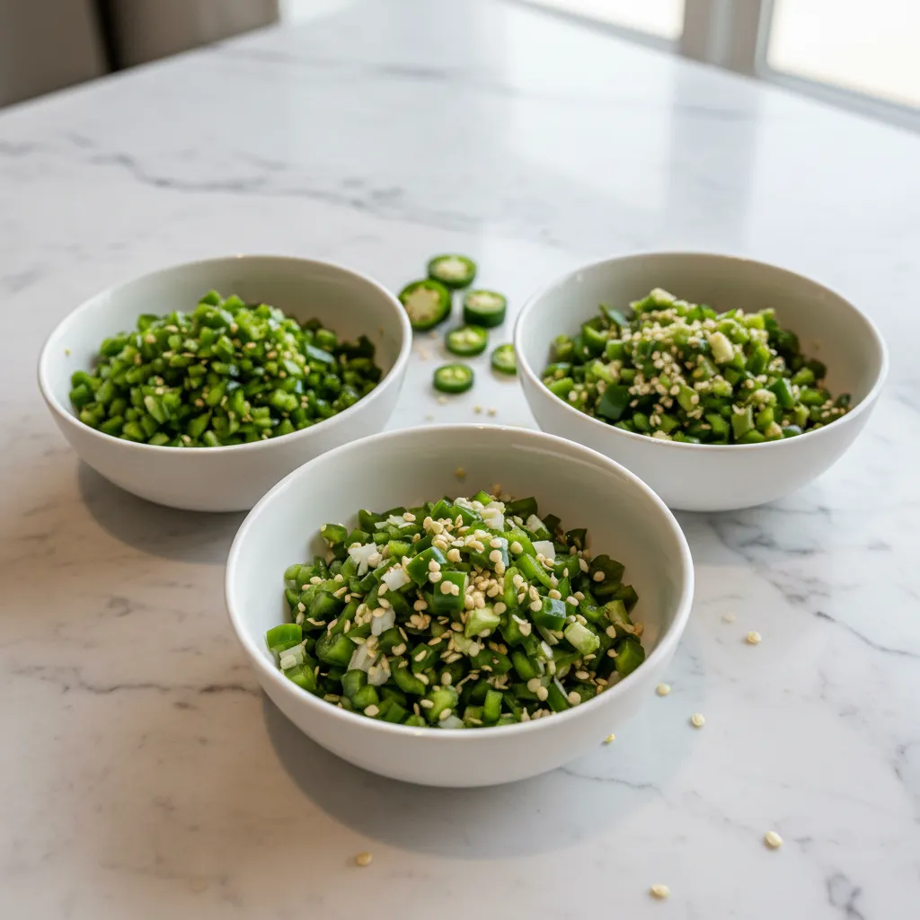Bowls of diced jalapeños showing different seed amounts