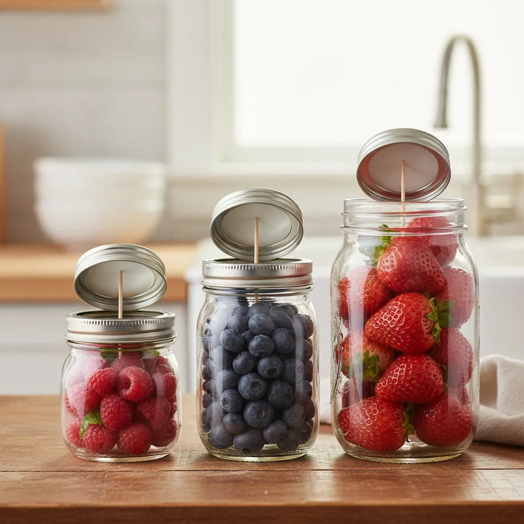 Various sizes of glass jars holding different berries