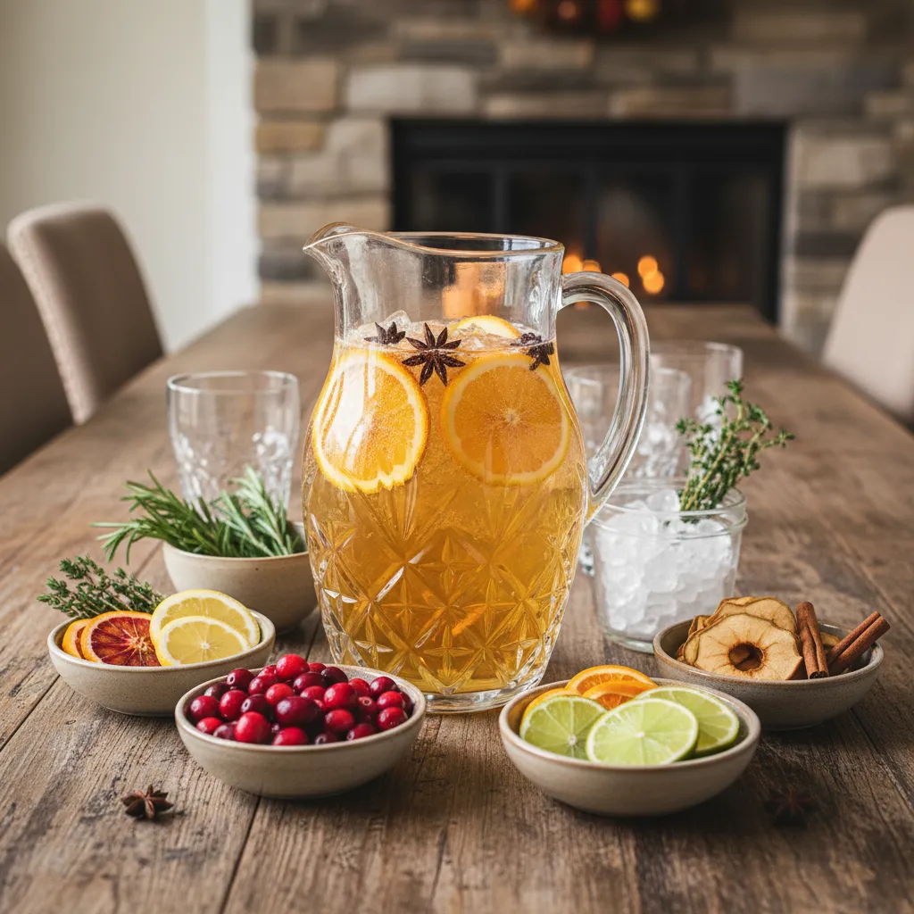 A beautiful DIY Thanksgiving mocktail station with a sparkling pitcher and fresh garnishes