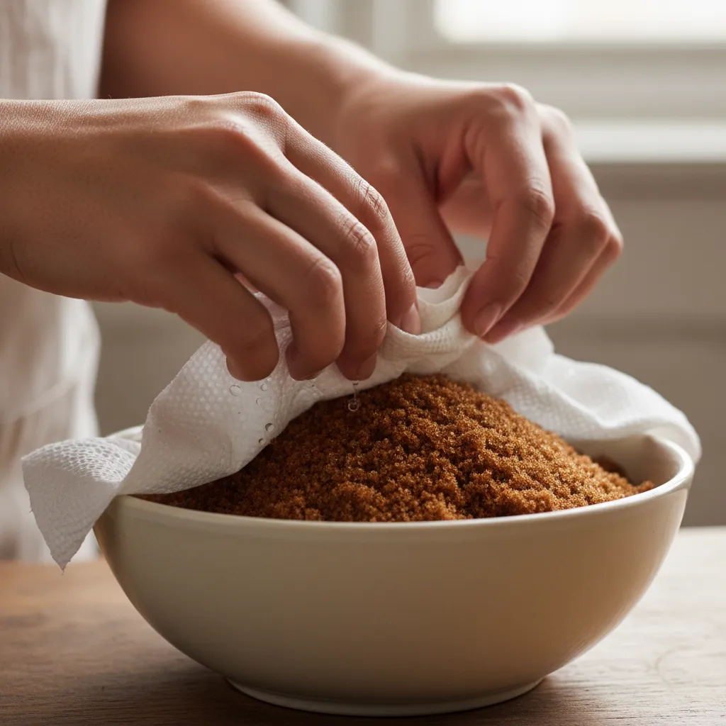 Hands draping a wet paper towel over a bowl of brown sugar