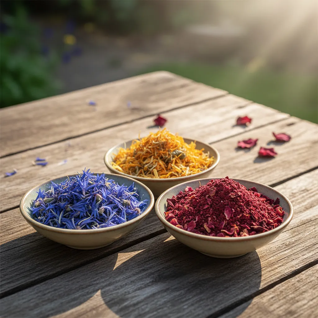 Bowls of dried cornflower calendula and rose petals
