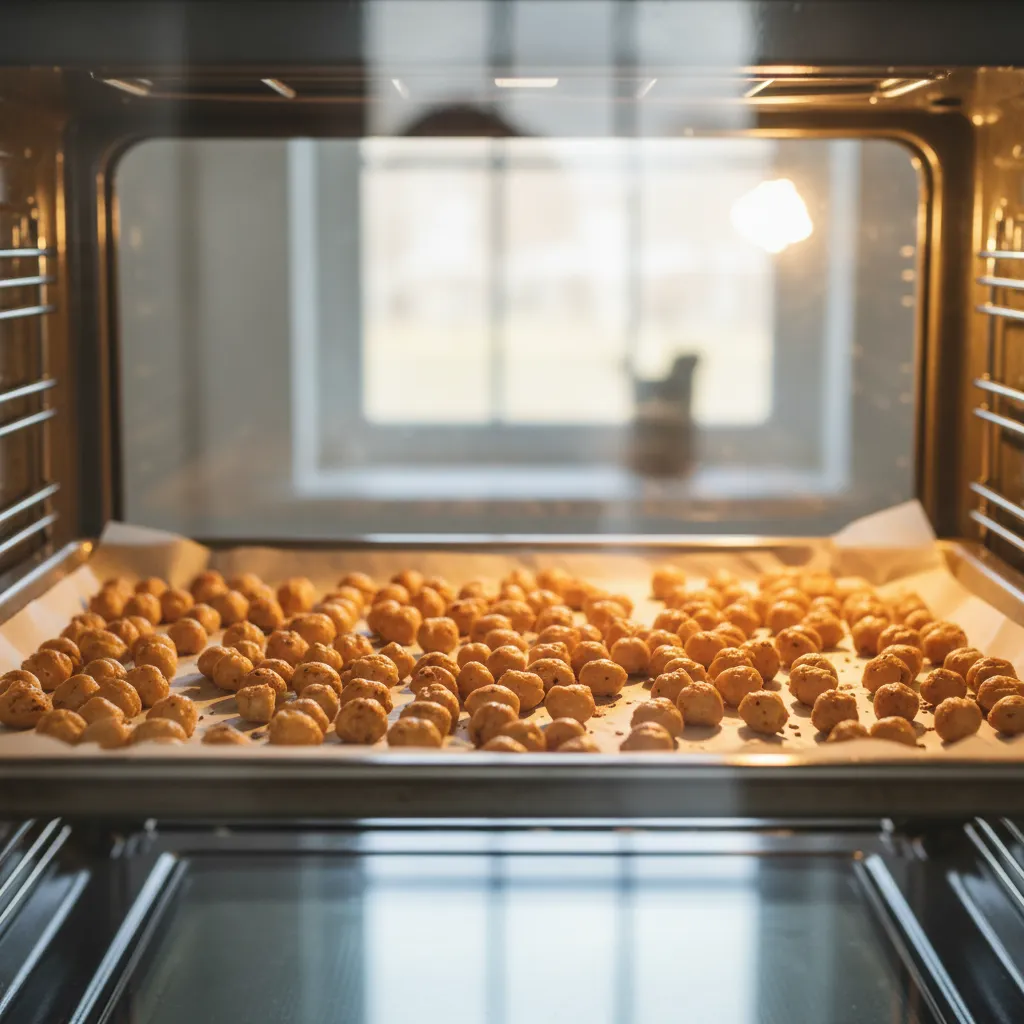 Chickpeas roasting bare on a metal baking pan inside a hot oven