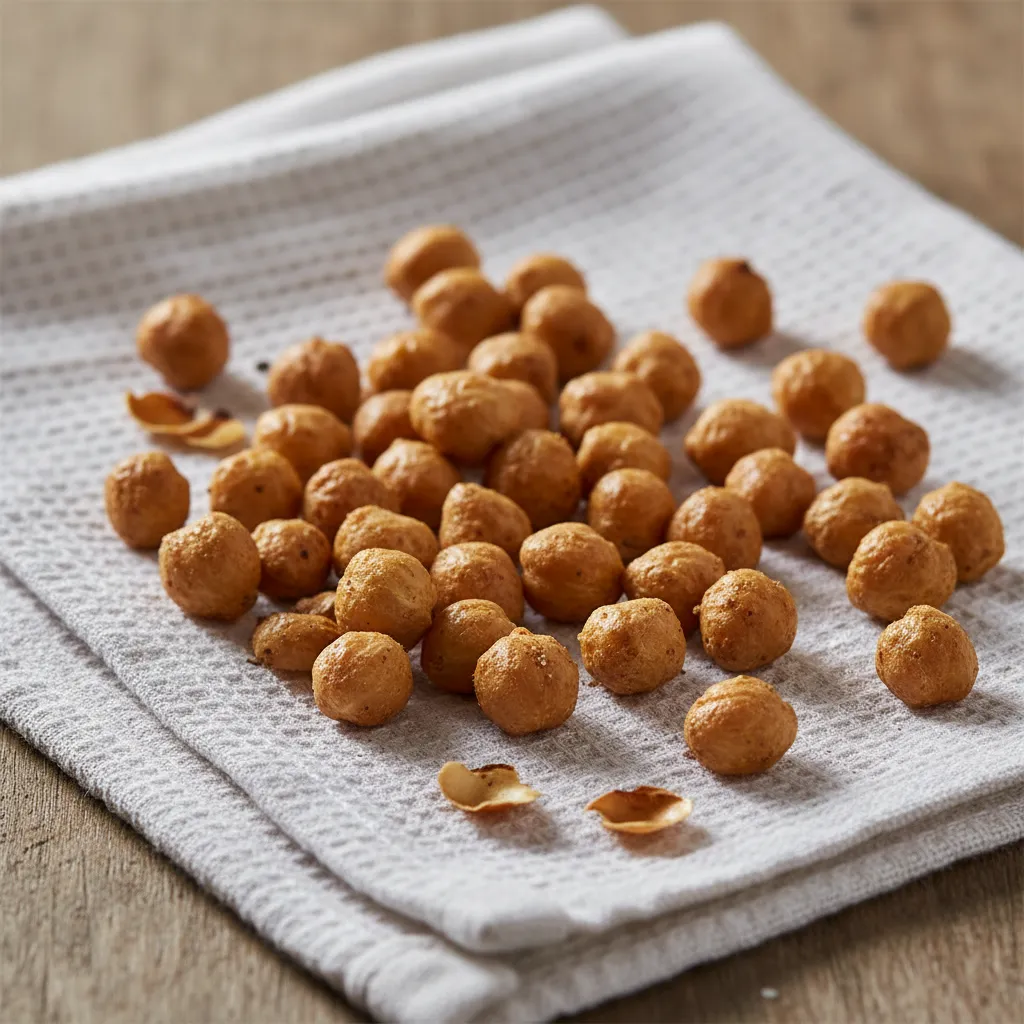 Peeled chickpeas laid out to dry on a white kitchen towel