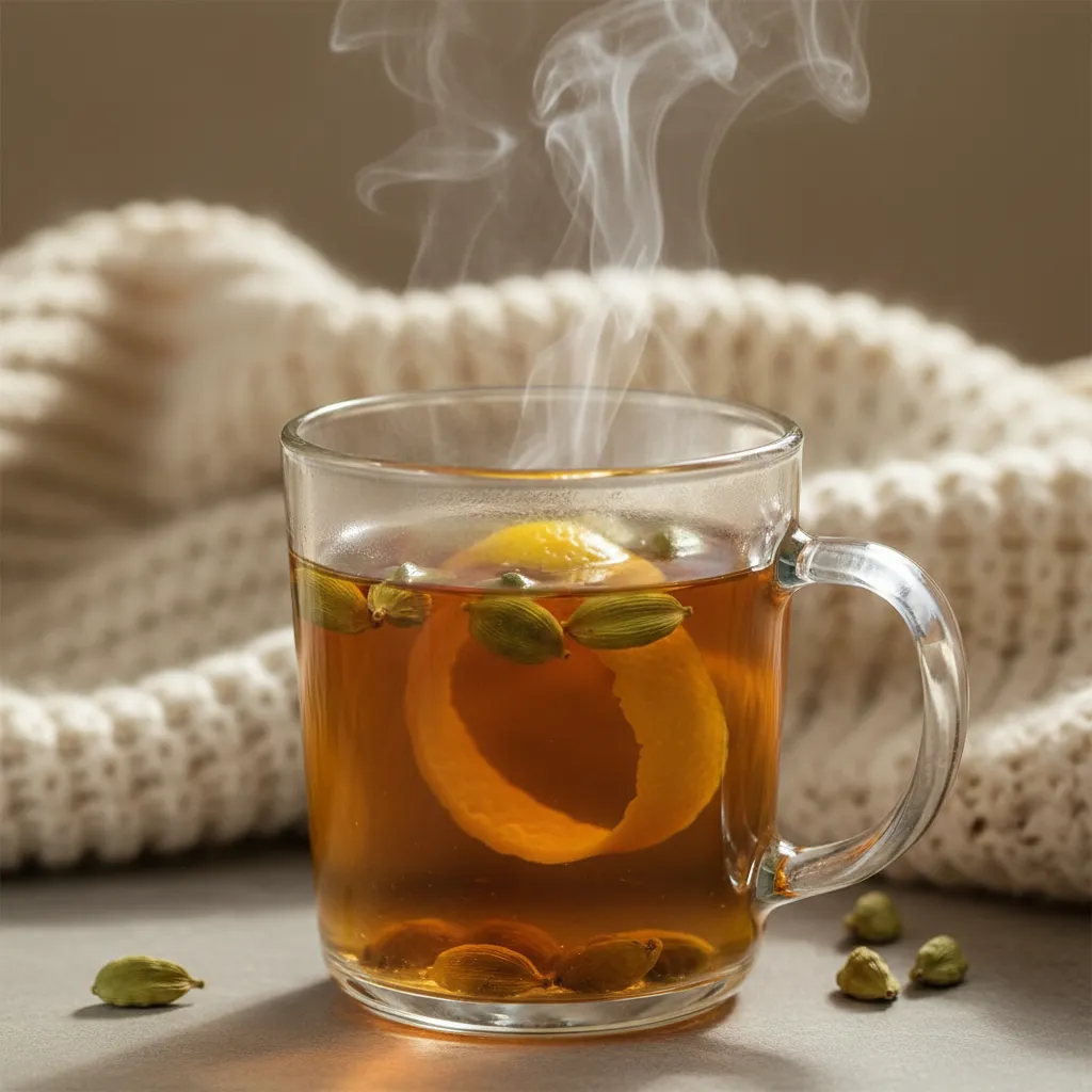 Steaming Earl Grey tea infused with cardamom pods in a clear mug