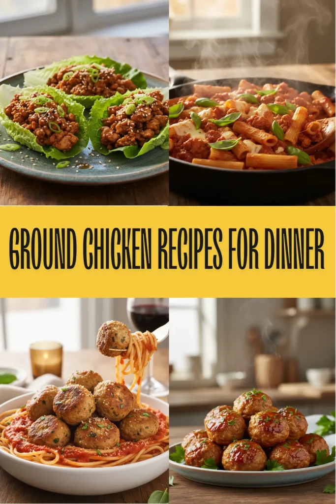 A rustic spread featuring a ground chicken pasta skillet and fresh tacos, showcasing easy ground chicken recipes for dinner.