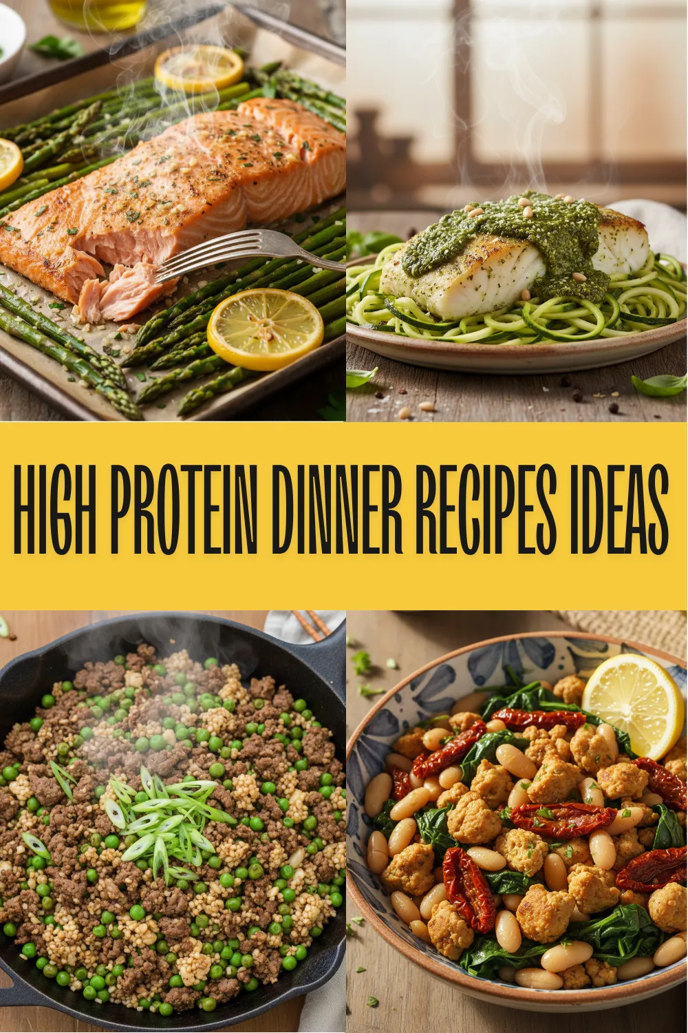 A sheet pan of roasted lemon garlic salmon with asparagus and a skillet of beef cauliflower rice stir-fry.