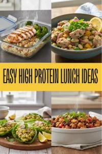 A delicious spread of easy high protein lunch ideas including tuna salad and chicken quinoa bowls.